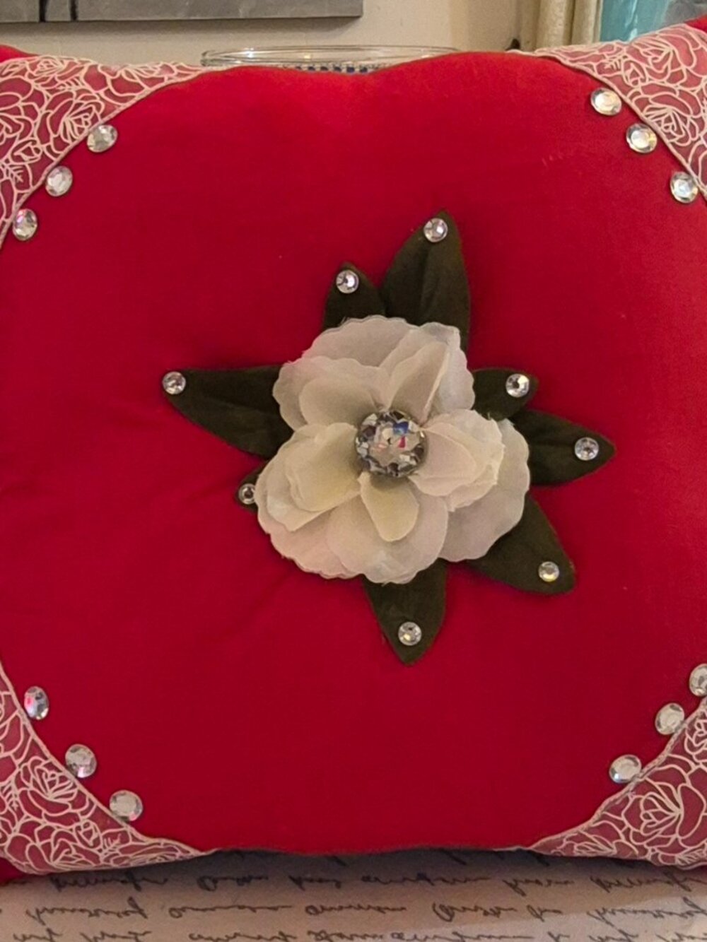 Handmade 16X16 Floral Decorative Throw Pillow Red.